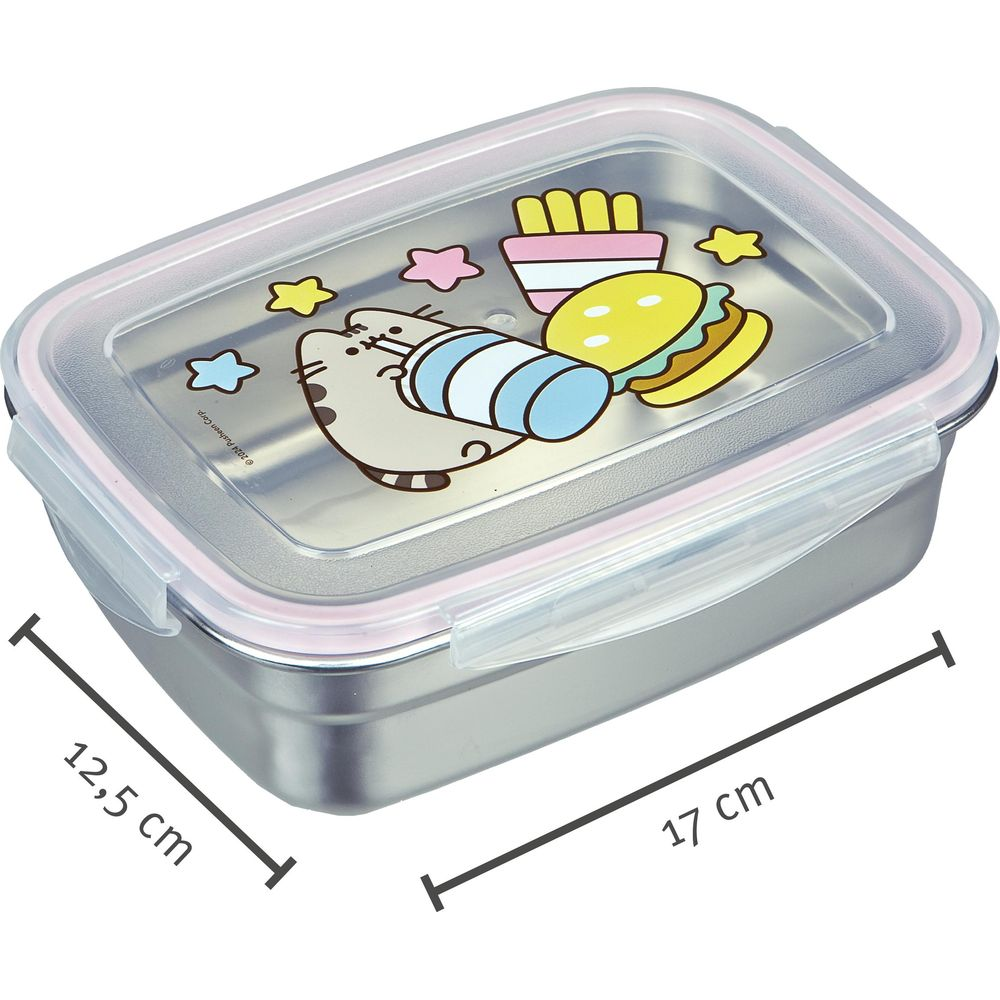 Lunchbox in acciaio inox con gatto Pusheen, hamburger, patatine e stelle sul coperchio. 17x12,5cm.