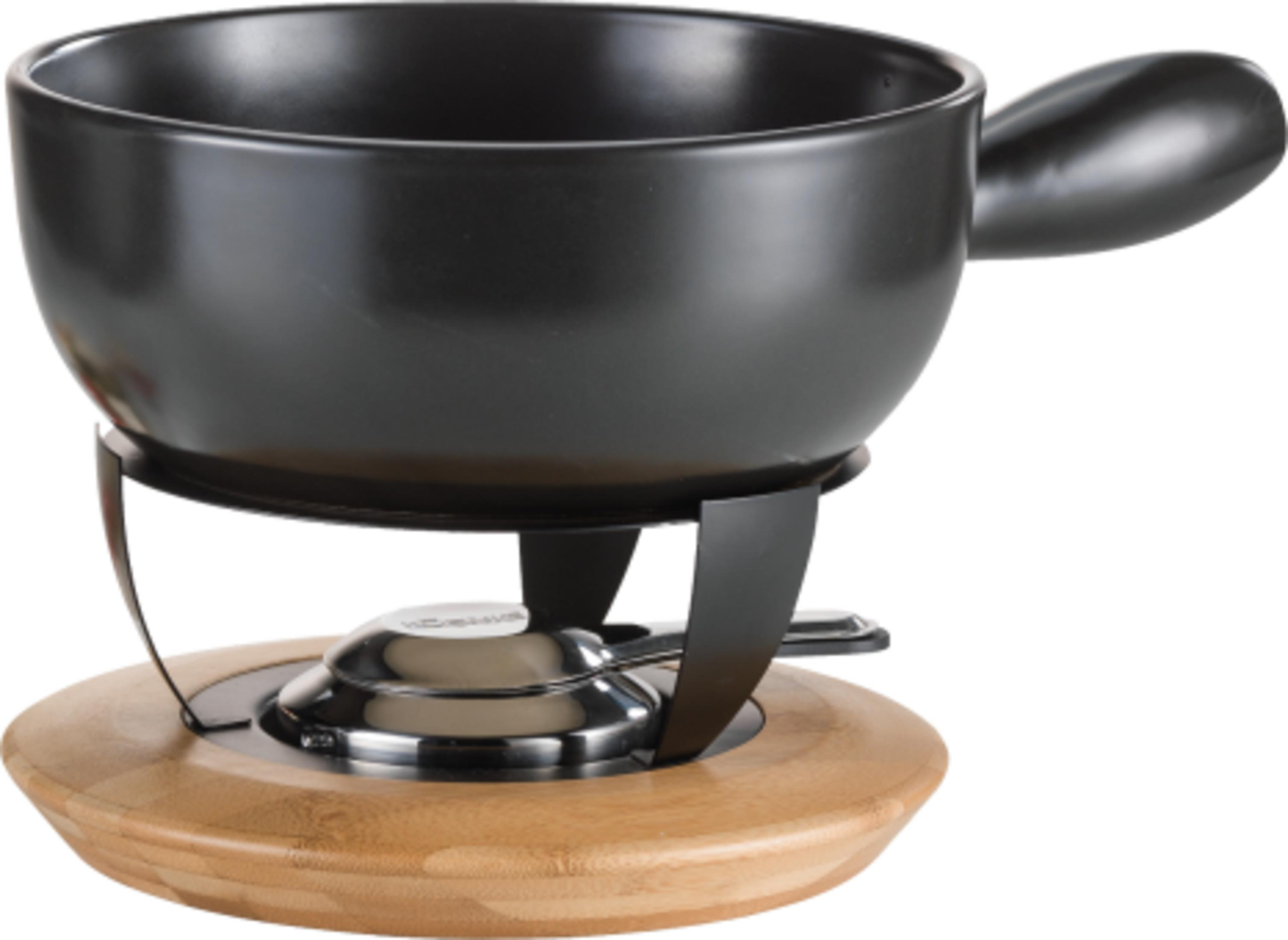 Schwarze Fonduegarnitur mit Holzsockel und Metallständer.