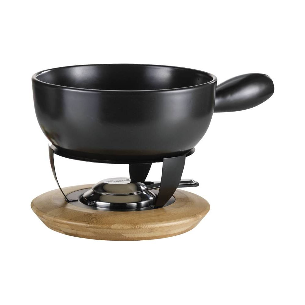 Schwarzes Fondue-Set mit Holzsockel und Brenner.