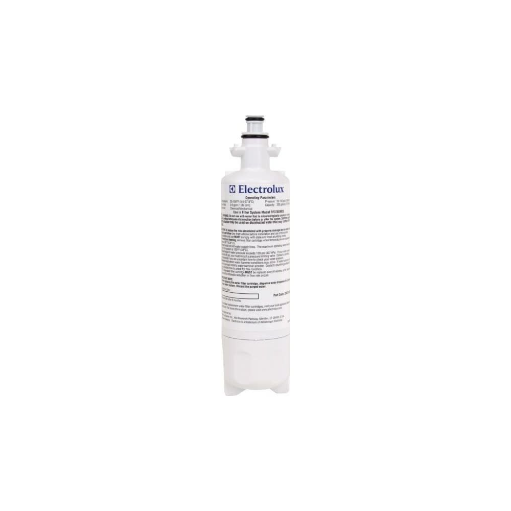 Ein weißer Electrolux Wasserfilter mit schwarzer Oberseite und Beschriftung.