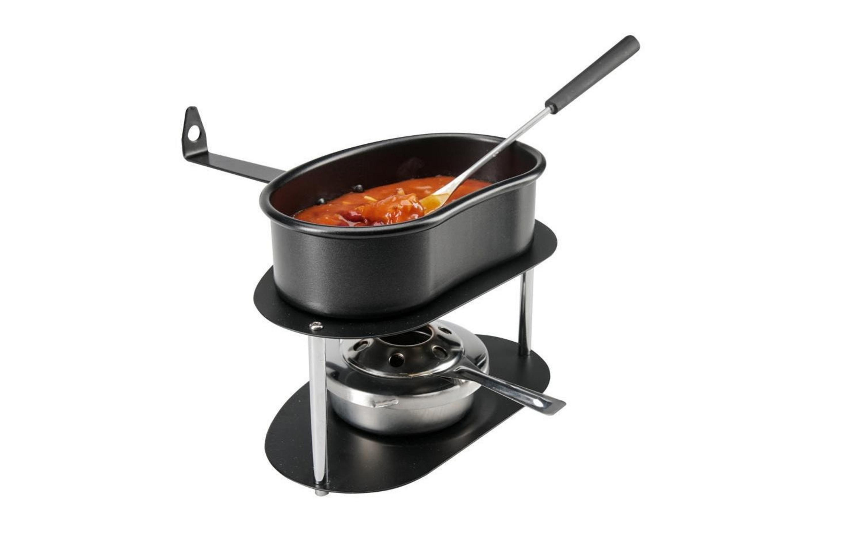 Ein Fondue-Set mit schwarzem Topf, silberner Rechaud-Pfanne und Löffel.