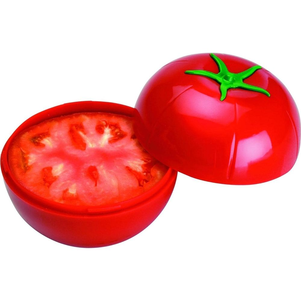 Un contenitore rosso a forma di pomodoro, aperto per rivelarne l'interno.