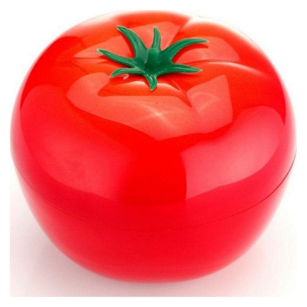 Un contenitore rosso a forma di pomodoro con stelo verde.