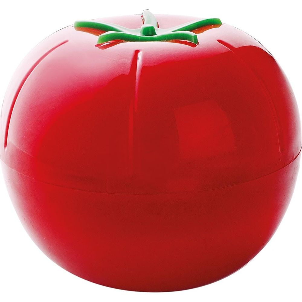 Un contenitore rosso a forma di pomodoro con dettaglio di gambo verde.