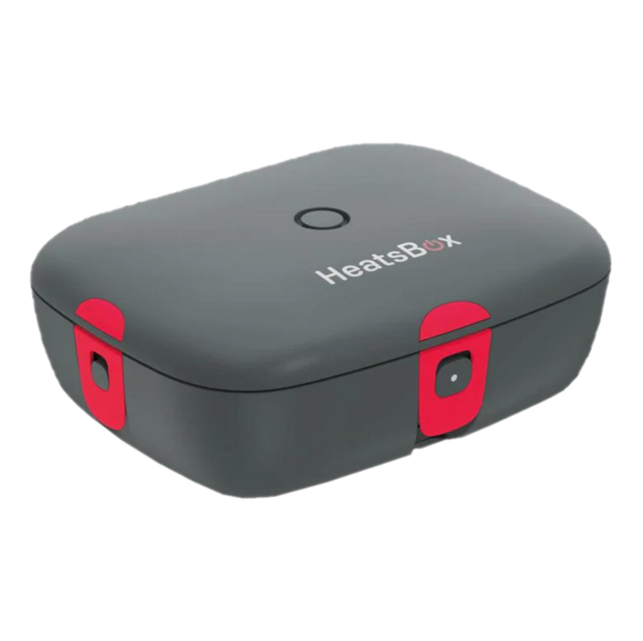 Grauer Behälter mit roter Verriegelung und "HeatsBox"-Logo.