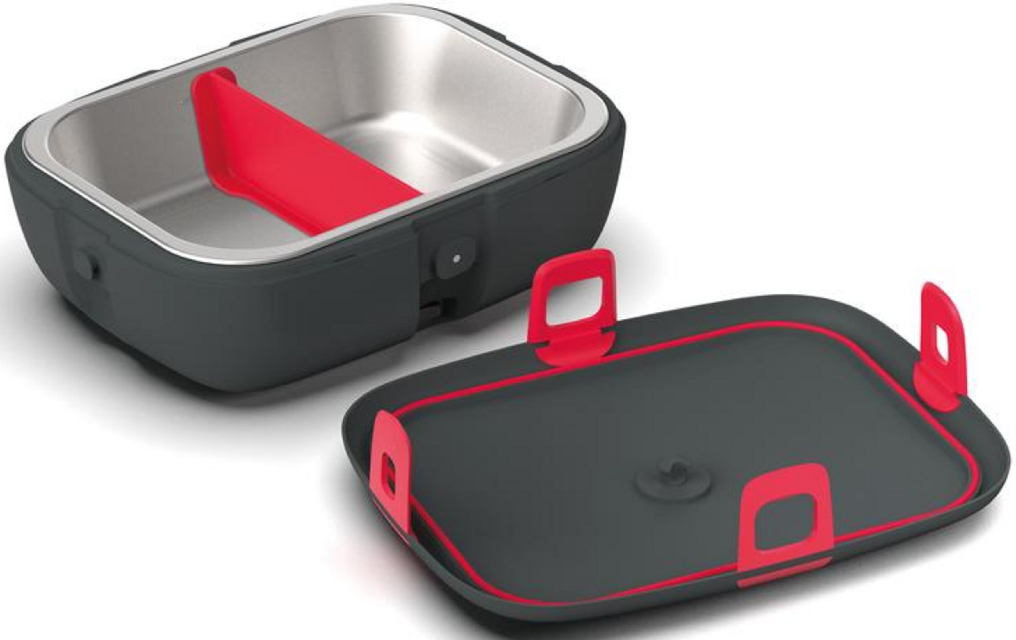 Grauer Brotdosenbehälter mit rotem Einsatz und separatem Deckel.