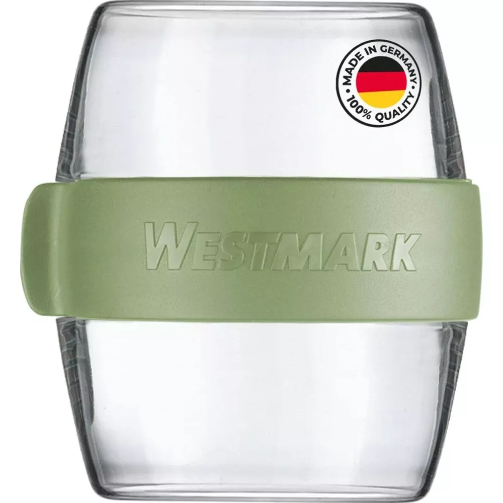 Glasbehälter mit grünem Westmark-Band und Deutschlandflaggen-Aufkleber.