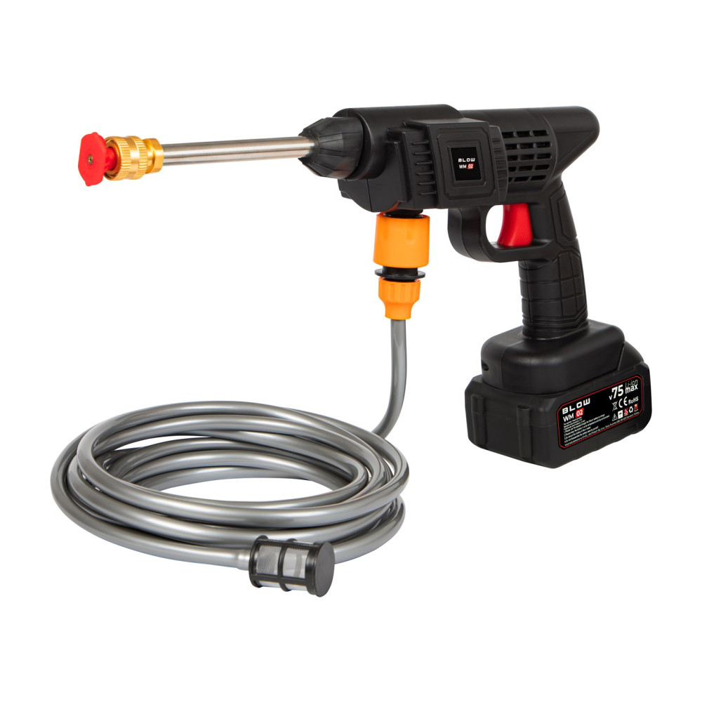 Czarna bezprzewodowa myjka ciśnieniowa z nawiniętym szarym wężem i filtrem.