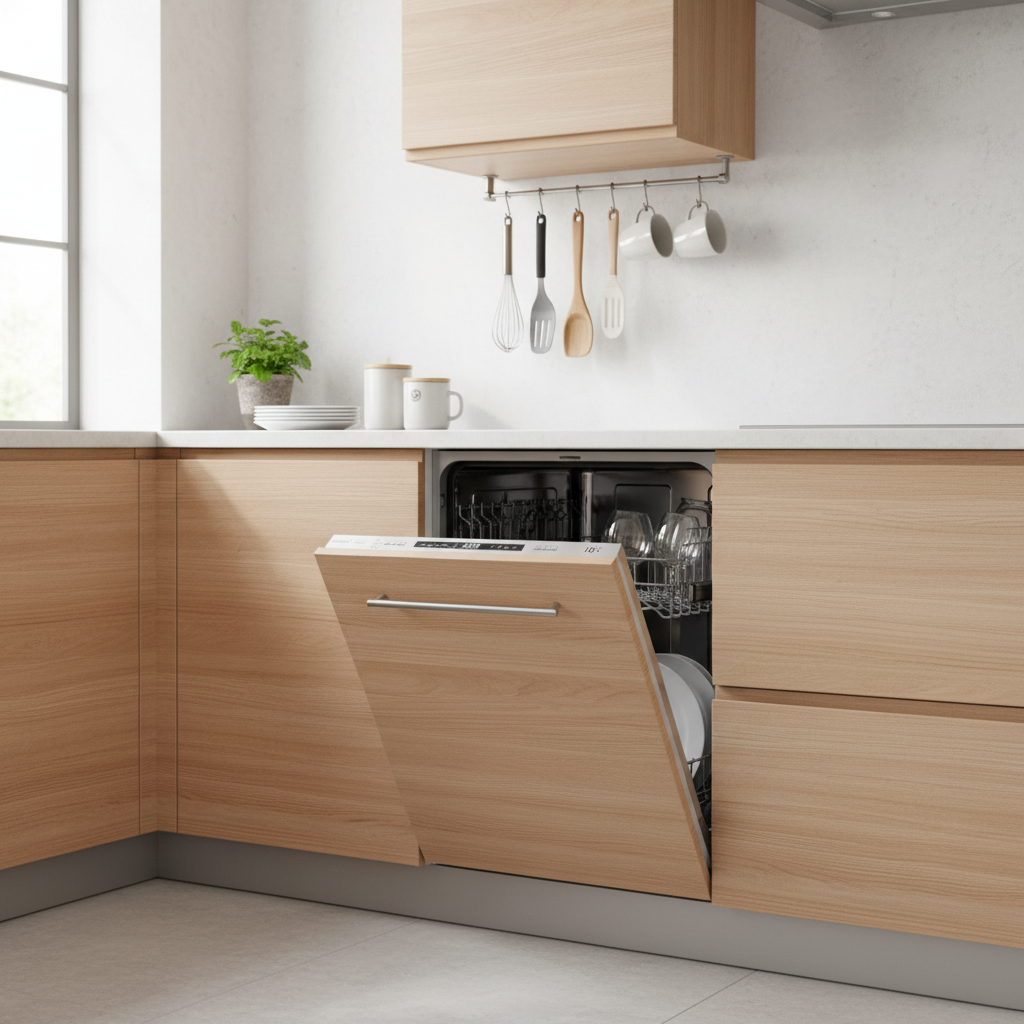 Cocina moderna con lavavajillas abierto y detalles de madera.