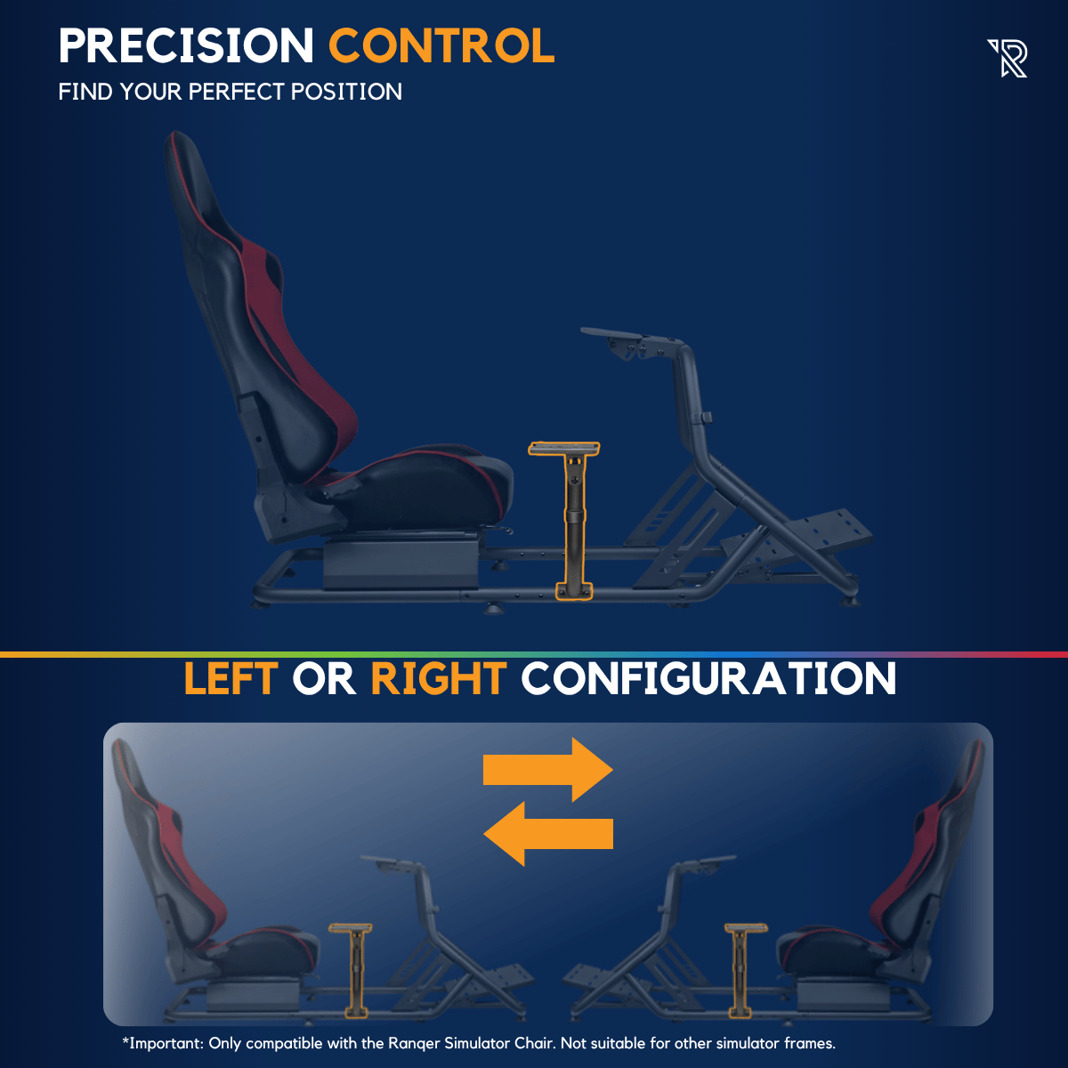 Een race simulator stoel met verstelbare armleuningen en pedalen, links of rechts configureerbaar.