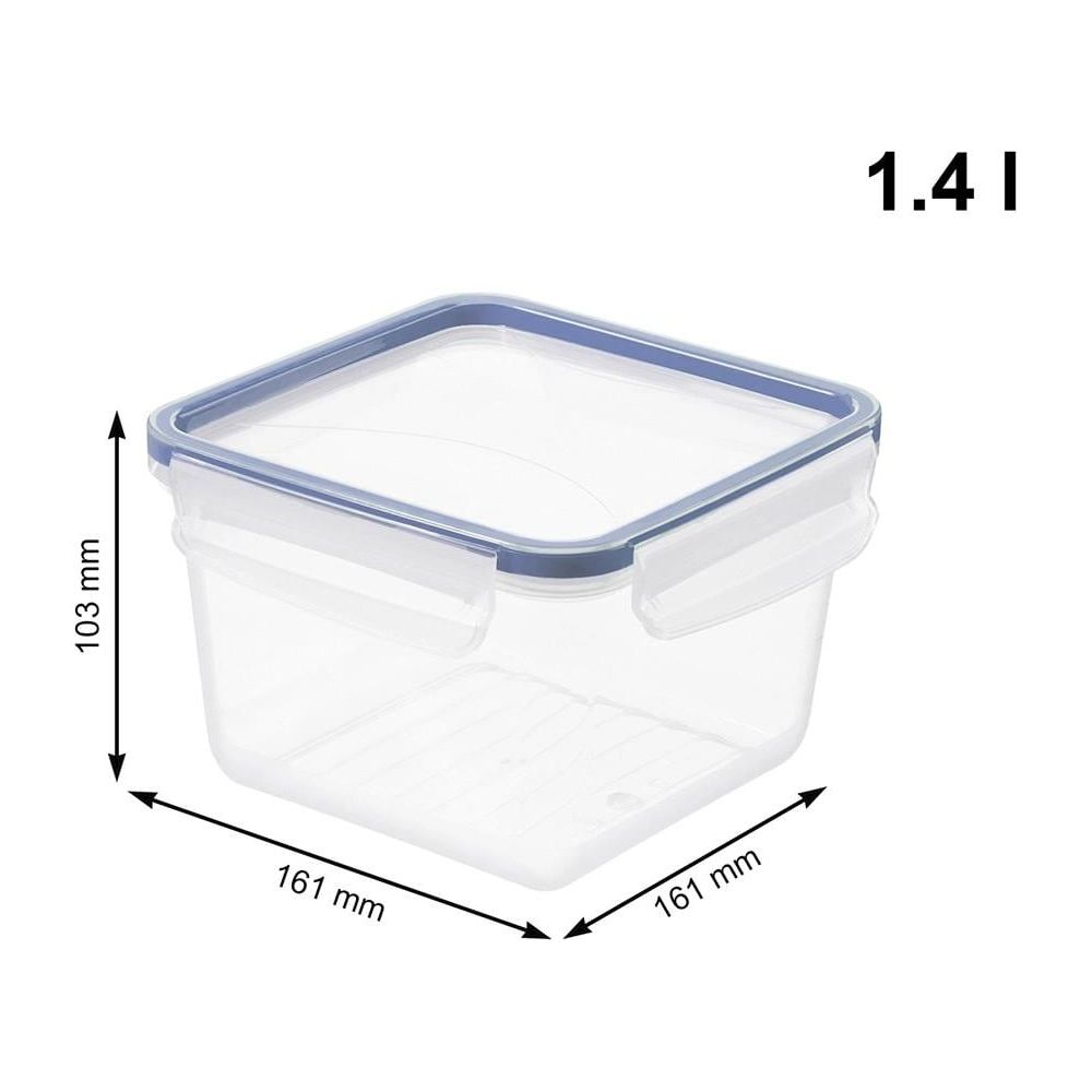 Un contenitore alimentare trasparente con coperchio blu, 161x161x103mm.