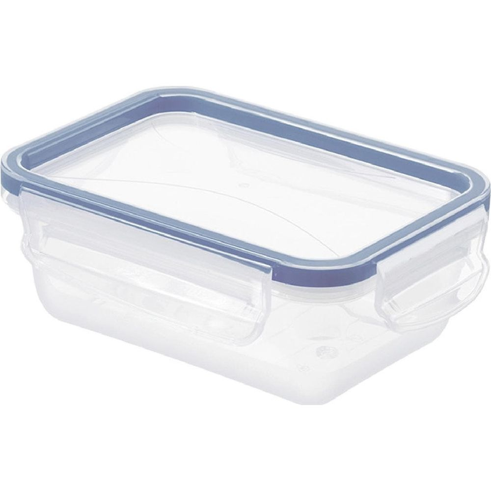 Un contenitore rettangolare trasparente con coperchio blu e clip.