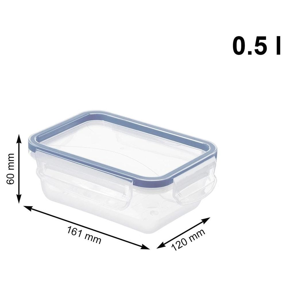 Contenitore rettangolare in plastica trasparente con coperchio blu, 161x120x60mm.