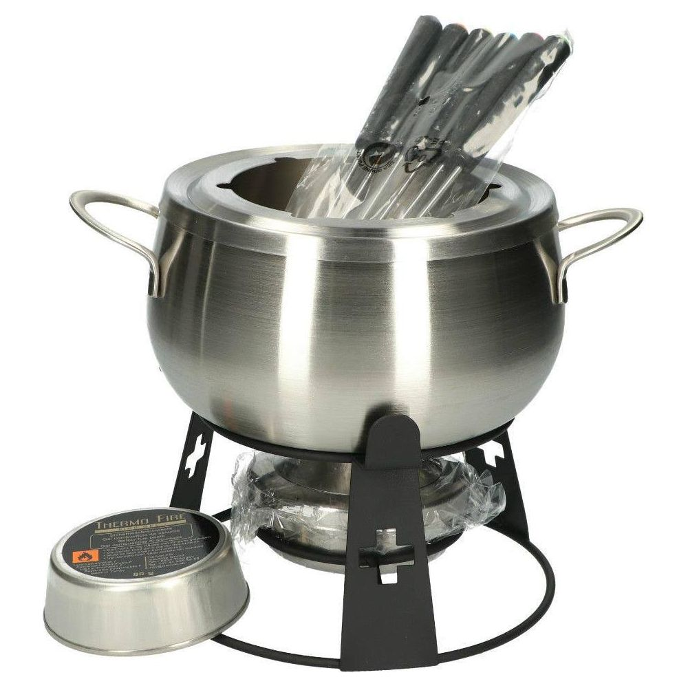 Edelstahl-Fondue-Topf mit schwarzem Ständer, Brennstoffhalter und Fonduegabeln in Plastik.