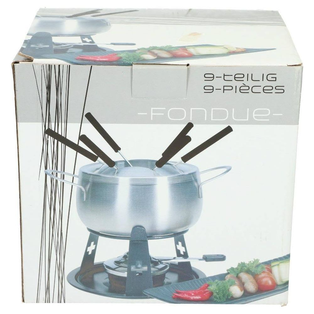 Ein silbernes Fondue-Set mit sechs Gabeln auf einem Karton abgebildet.