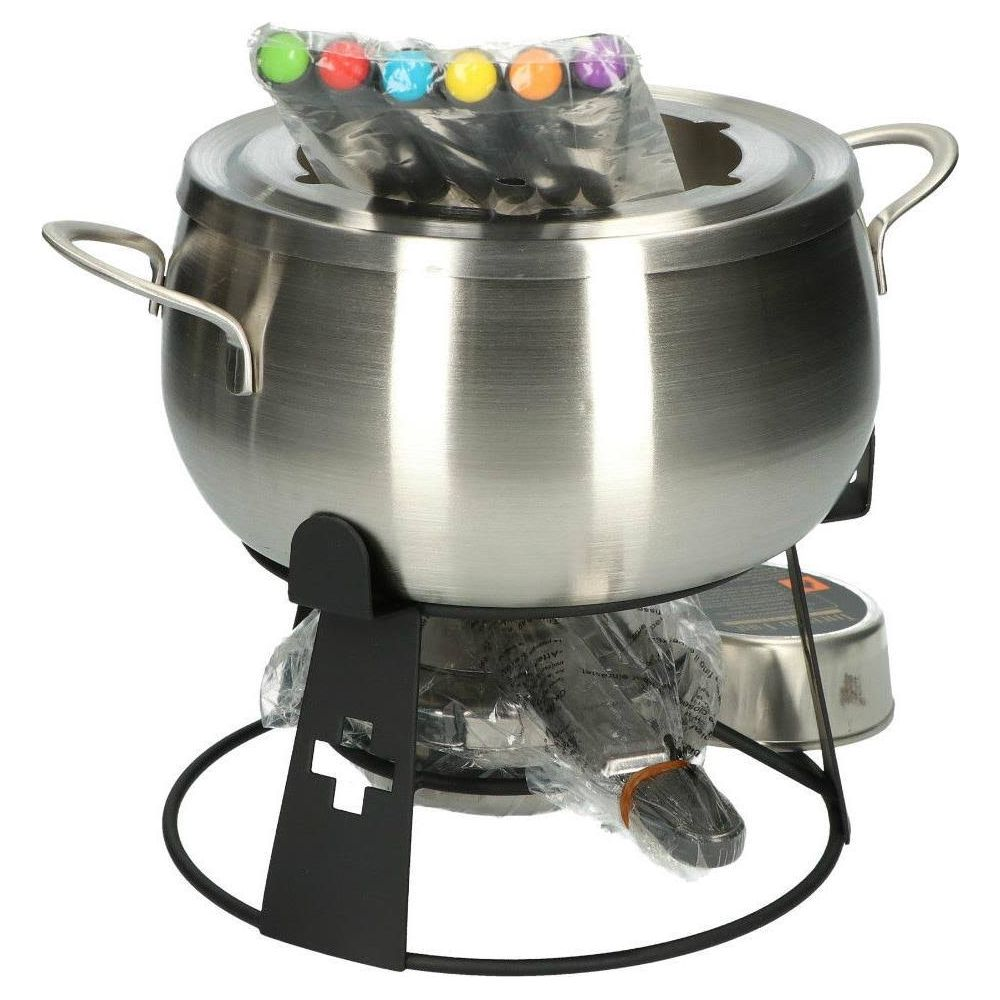 Edelstahl-Fondue-Set mit schwarzem Ständer und bunten Gabeln.