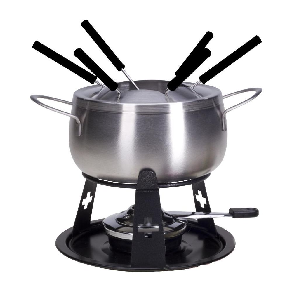 Ein Edelstahl-Fondue-Topf mit schwarzen Griffen und sechs Fonduegabeln auf einem schwarzen Ständer.