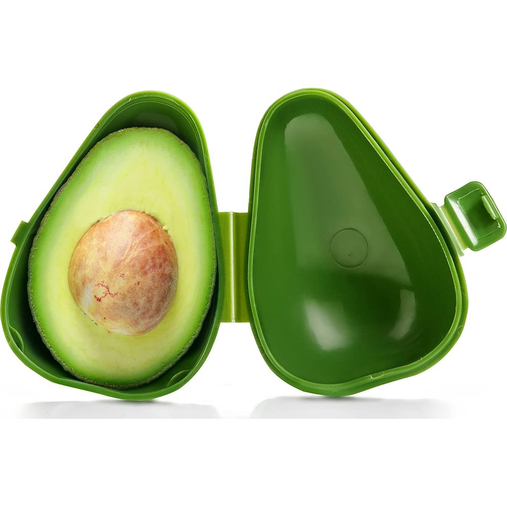 Porta-avocado verde con mezzo avocado all'interno.
