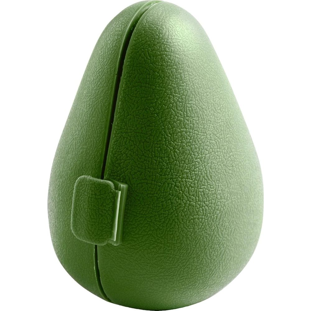 Contenitore verde a forma di avocado con chiusura a clip su sfondo bianco.