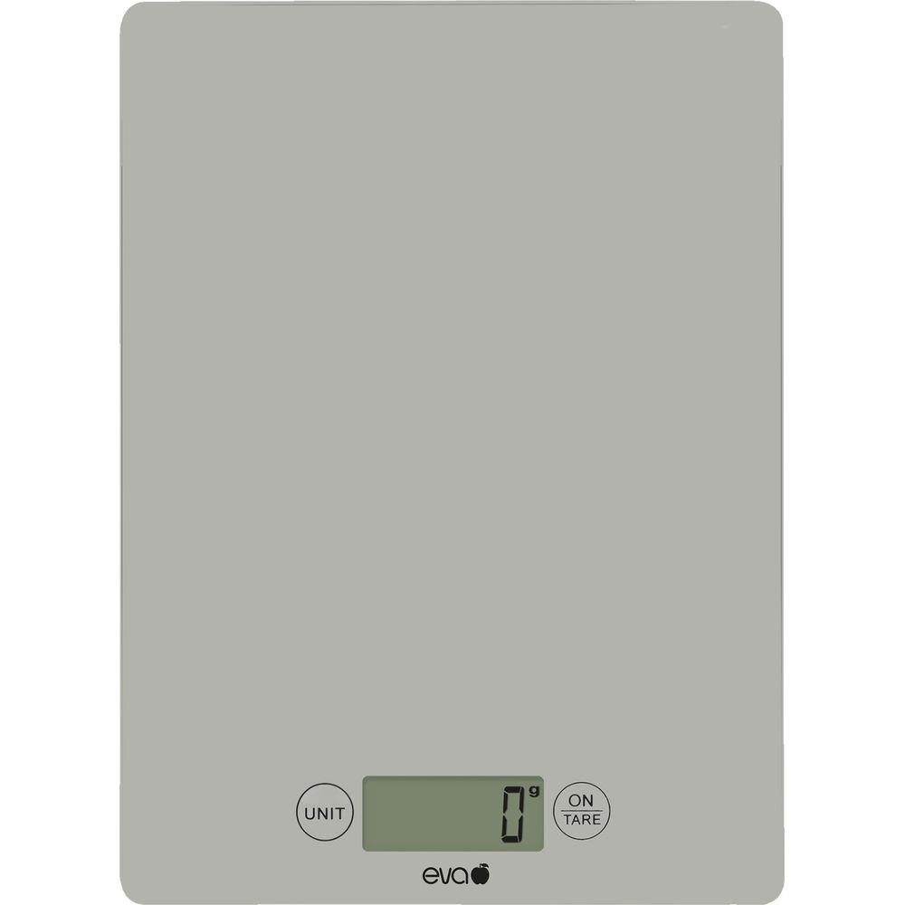 Bilancia da cucina digitale grigia con display LCD che mostra zero.