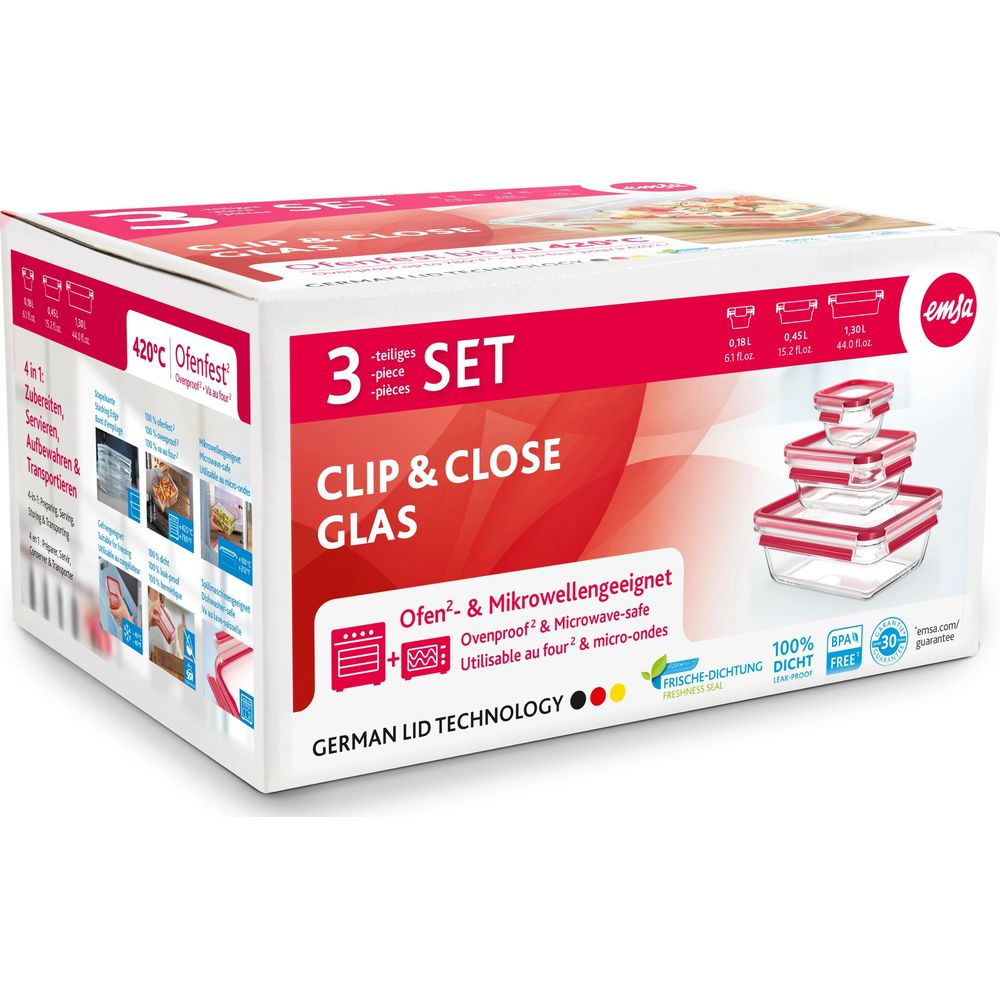 Set da 3 contenitori in vetro Emsa Clip & Close con coperchi rossi.