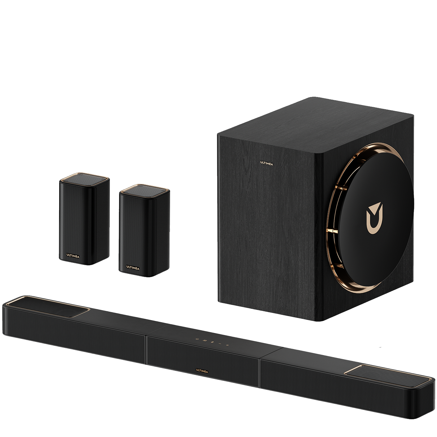 Czarny zestaw głośnikowy z dwoma wieżami, subwooferem i soundbarem.