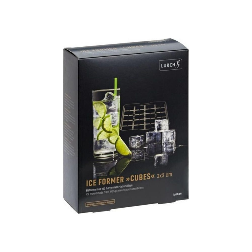 Confezione per stampo per cubetti di ghiaccio in silicone con bicchiere e fettine di lime.