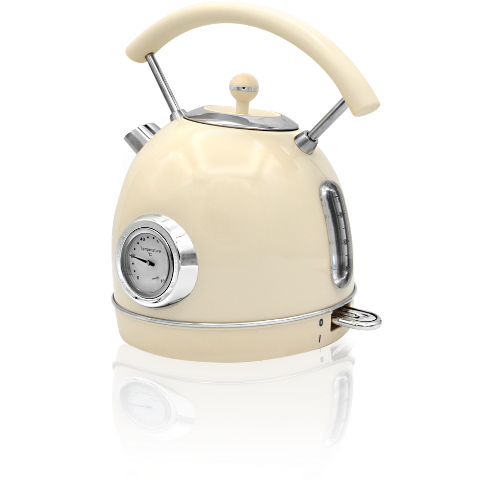 Eine cremefarbene Retro-Wasserkocher mit Temperaturanzeige auf schwarzem Hintergrund.