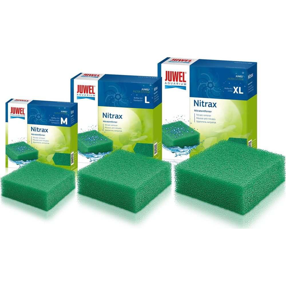 Tre spugne filtro Juwel Nitrax verdi di varie misure con scatole.