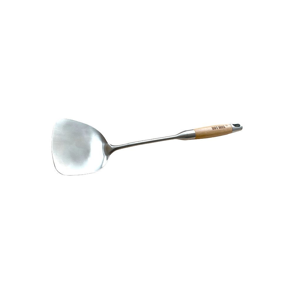 Une spatule à wok argentée avec manche en bois étiqueté 'HOT WOK'.