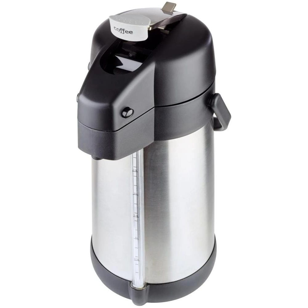 Un erogatore di caffè termico argentato con coperchio e manico neri.