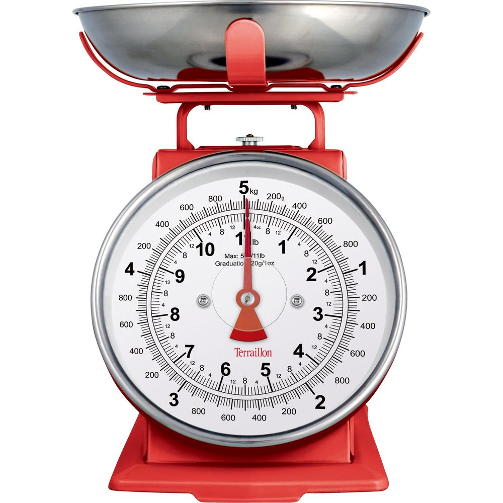 Une balance de cuisine rouge avec un bol en acier inoxydable et un cadran rond.