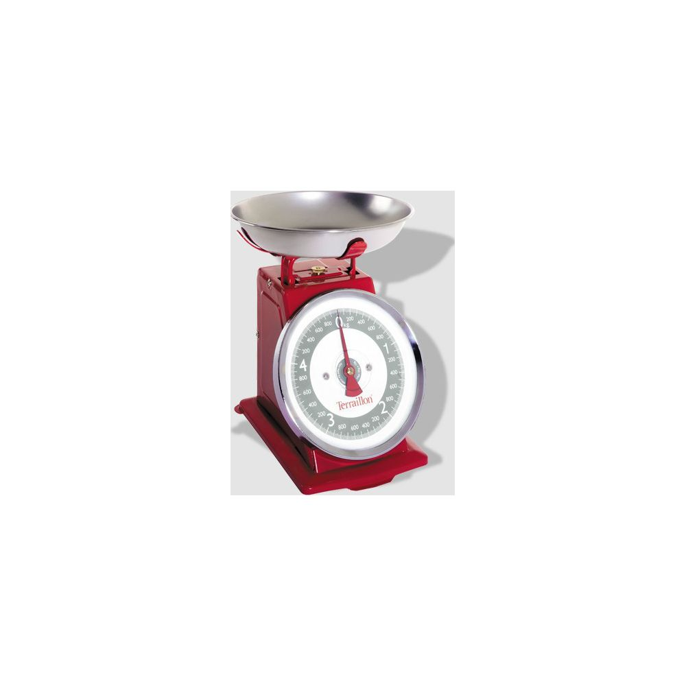 Une balance de cuisine rouge avec bol en acier inoxydable et cadran rond.