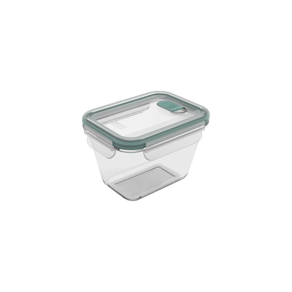 Un contenitore alimentare rettangolare trasparente con coperchio turchese e clip di bloccaggio.