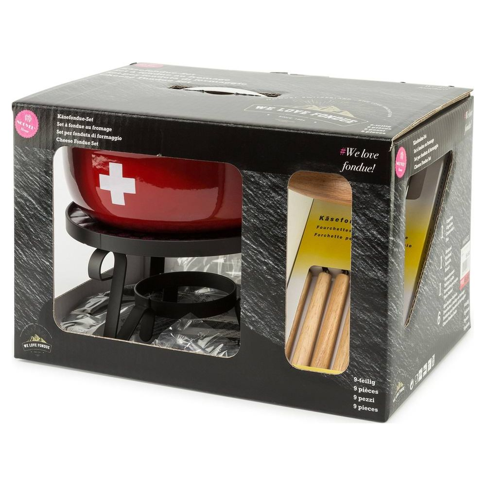 Rotes Käsefondue-Set mit weißem Kreuz auf schwarzem Ständer und Holzgabeln.