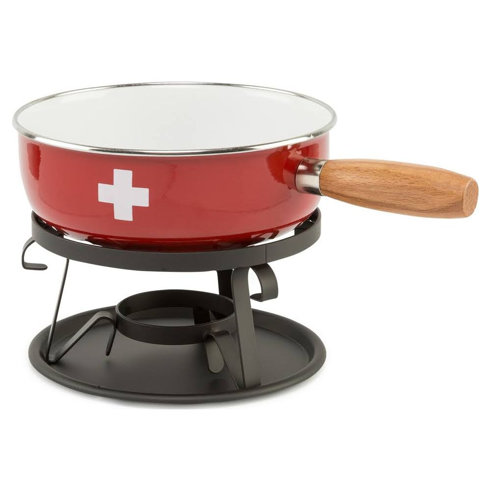 Rote Fonduepfanne mit weißem Kreuz auf schwarzem Ständer mit Holzgriff.