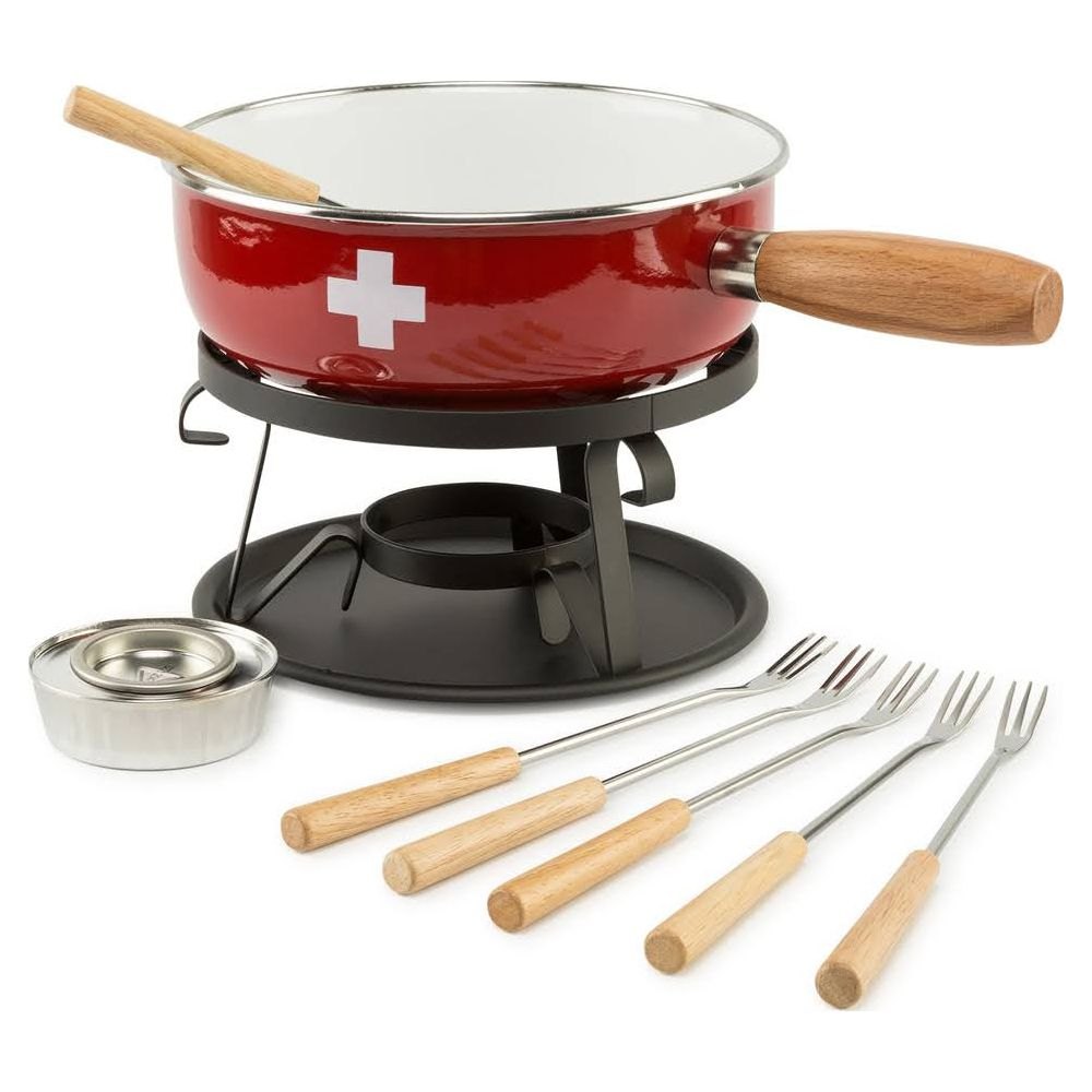Ein rotes Fondue-Set mit Schweizer Kreuz und Holzgriffen, inklusive Ständer und Gabeln.