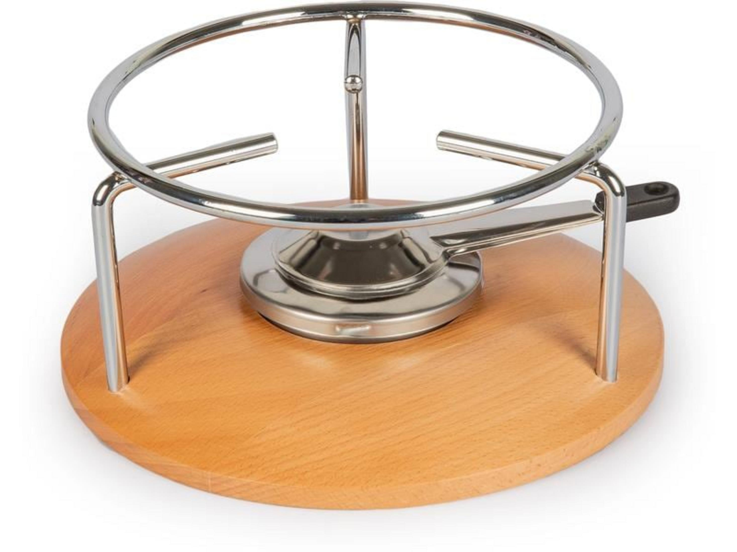 Ein silberner Fondue-Topfhalter mit Holzsockel und Griff.