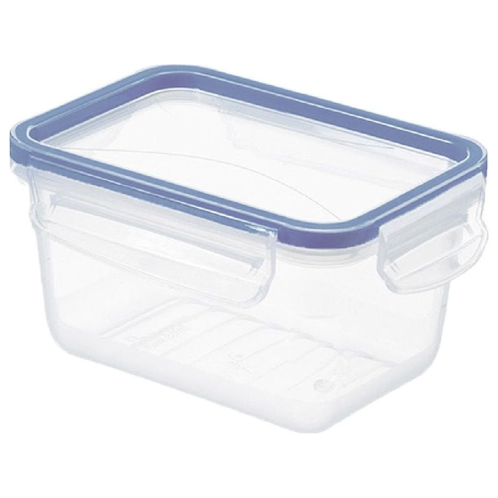 Un contenitore rettangolare in plastica trasparente con coperchio blu e clip di bloccaggio.