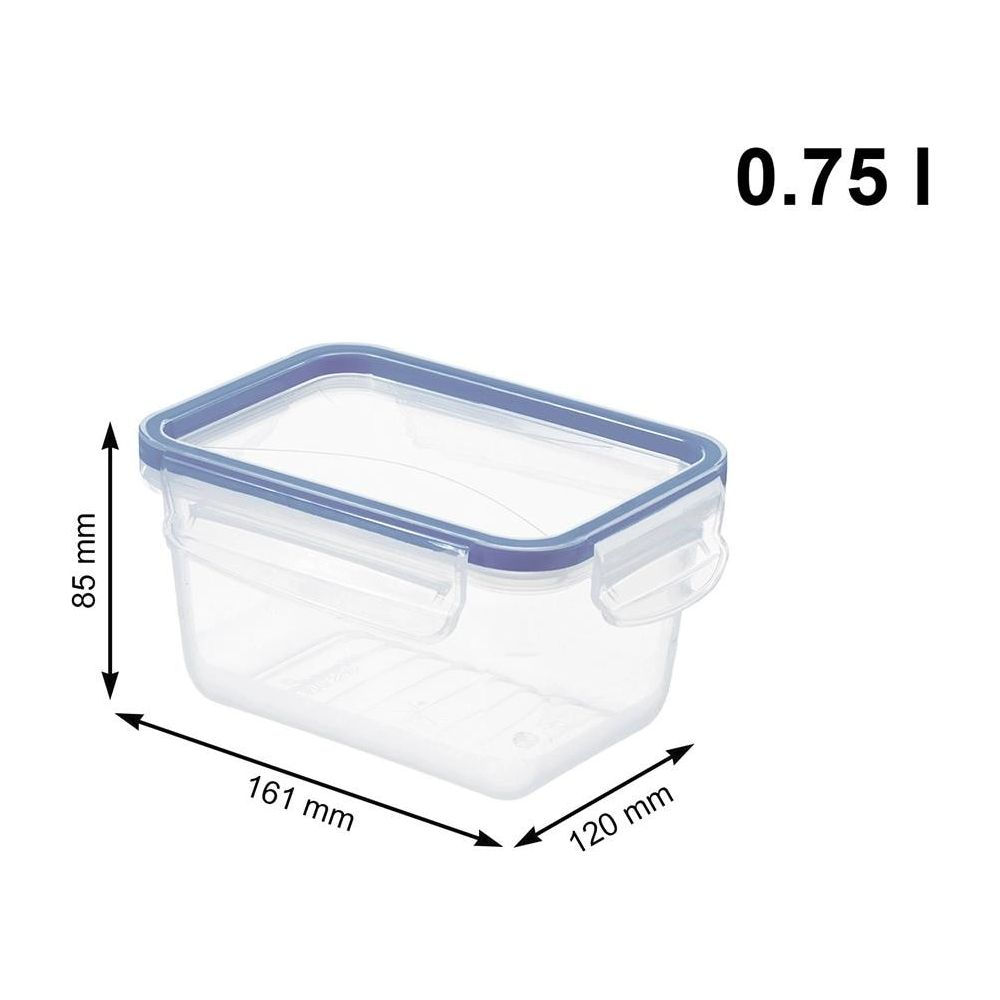 Contenitore trasparente con coperchio blu, 0,75 L, dimensioni 161x120x85 mm.