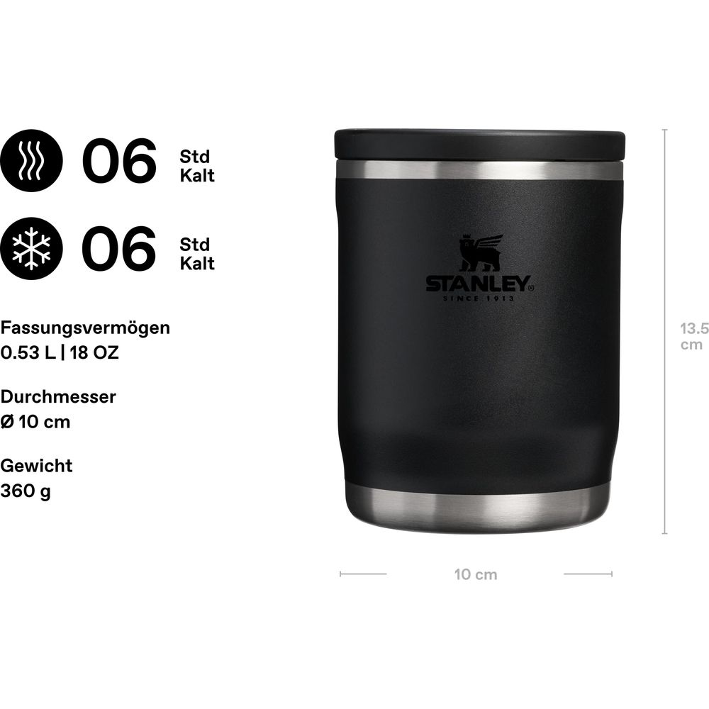Schwarzer Stanley Becher 13.5cm hoch, 10cm breit, 0.53L Fassungsvermögen.