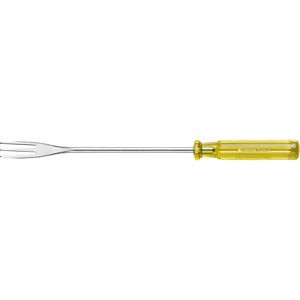 Ein silberner Gabelstift mit gelbem Griff und der Aufschrift PB SWISS TOOLS.