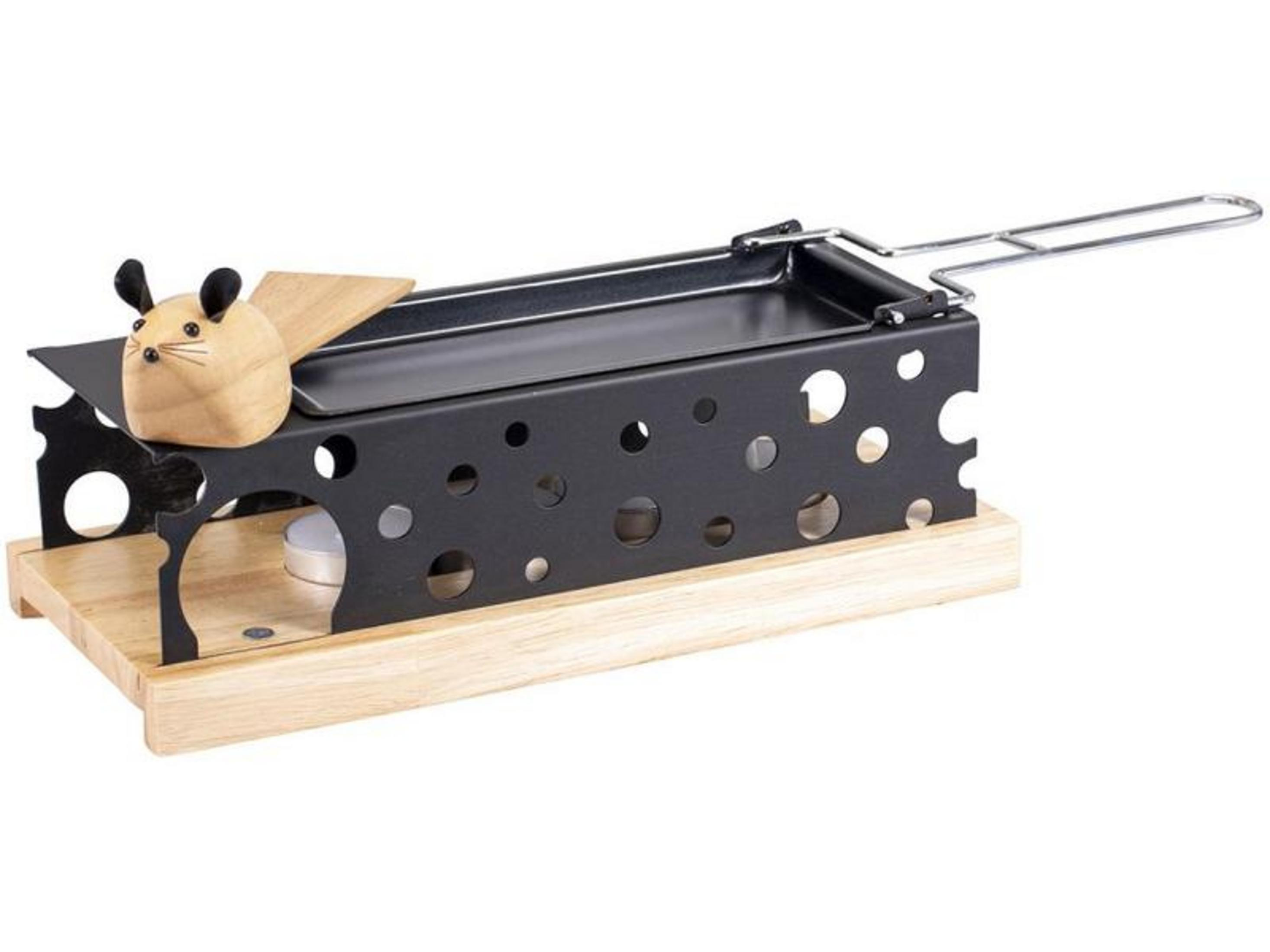 Ein Raclettegrill mit Mausdekor auf einem Holzsockel.