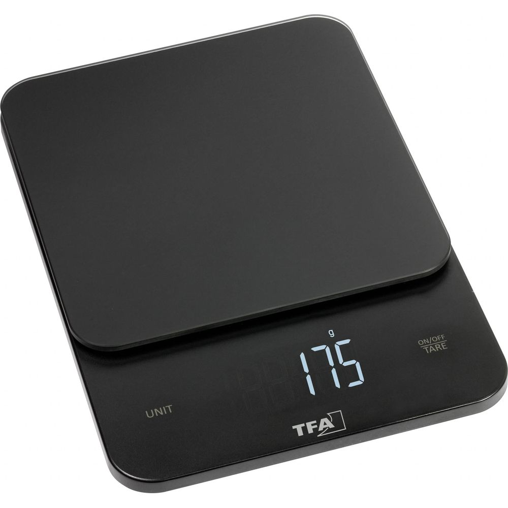 Une balance de cuisine numérique noire affichant 175 g.