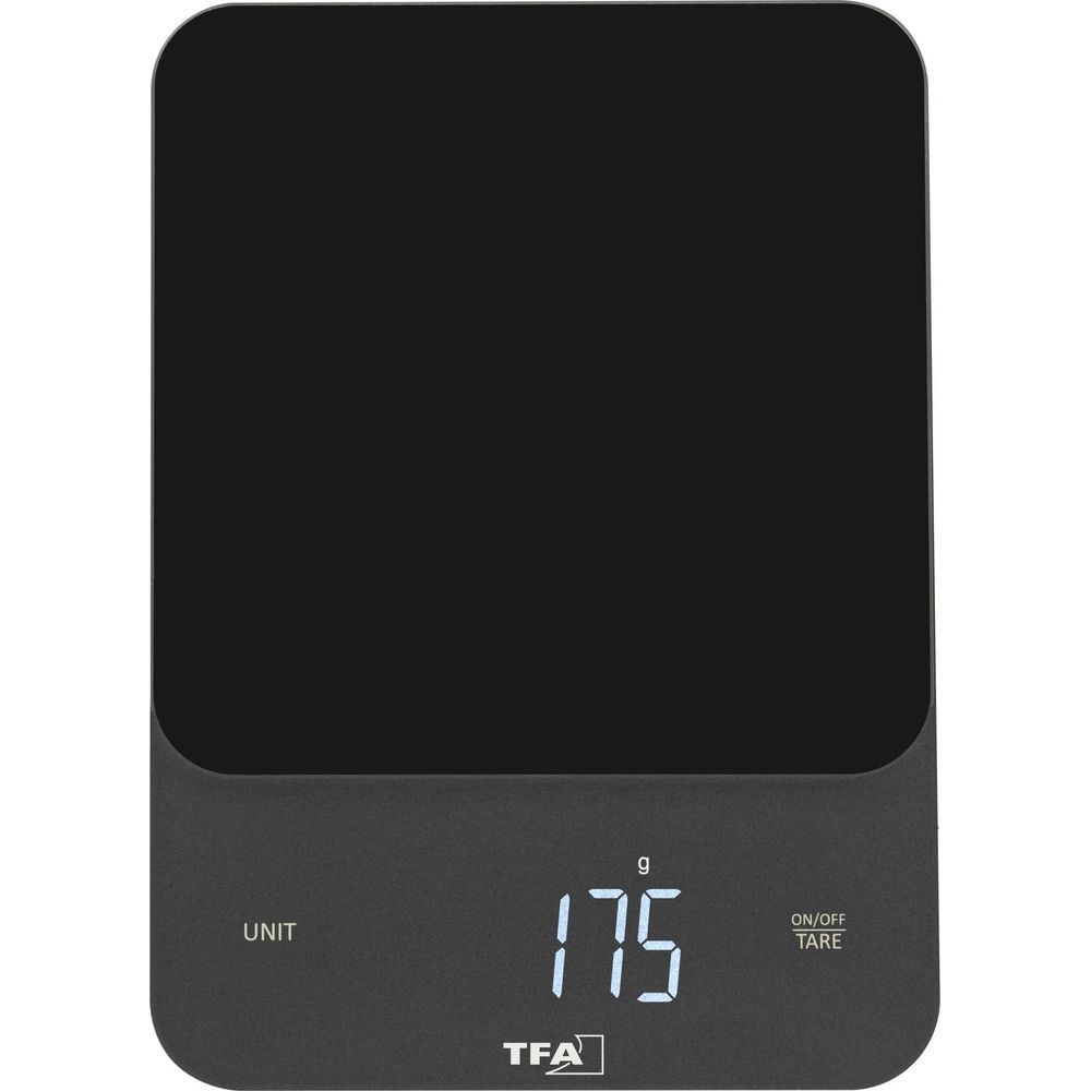 Balance de cuisine numérique noire affichant 175g avec boutons.