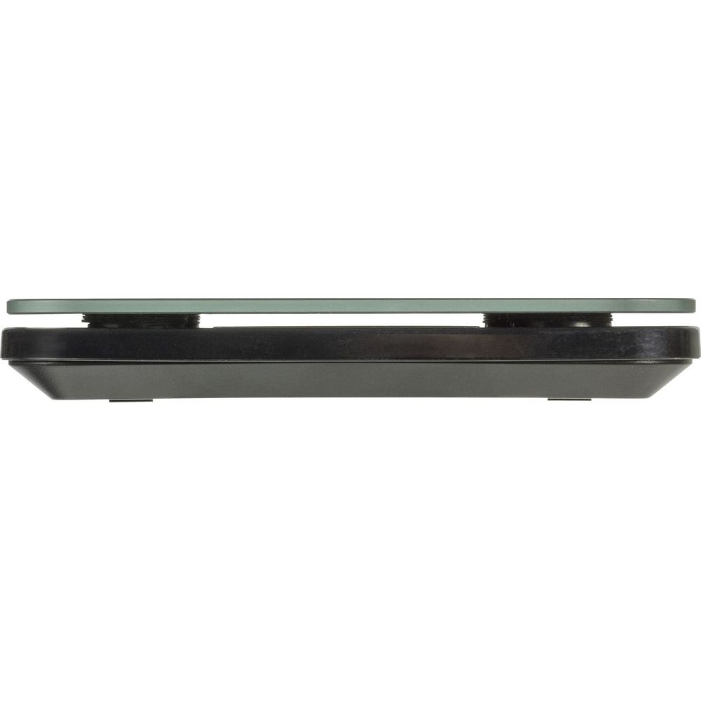 Balance numérique noire avec plateau en verre, vue latérale.