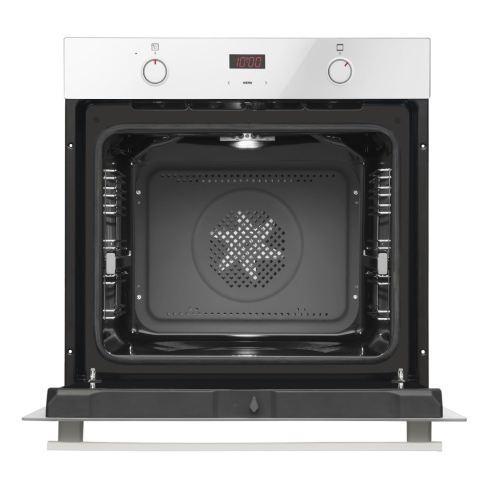 Nowoczesny, otwarty piekarnik do zabudowy z białym frontem i cyfrowym zegarem.