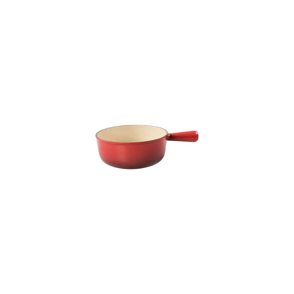 Eine rote Gusseisen-Schmorpfanne mit weißem Innenraum und einem Griff.
