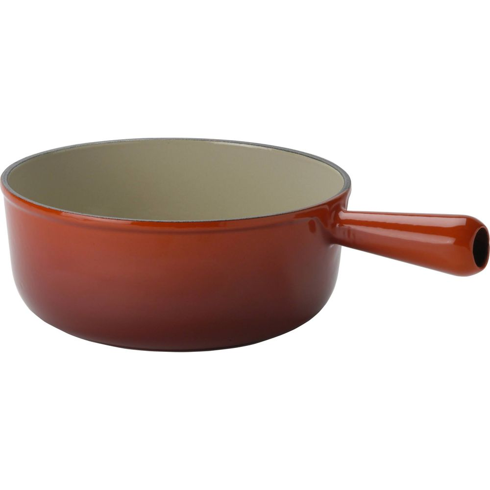 Eine rote Emaille-Suppenschüssel mit einem Griff.