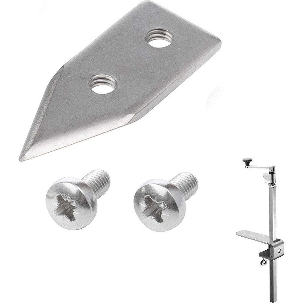 Ein scharfes Metallmesser mit zwei Schrauben und einem Dosenöffner.